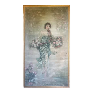Large Wall Size Antique Hand Painted Framed Tapestry Depicting a Woman Adorned in Flowers and Silk