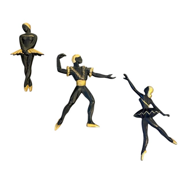 Mid-Century Modern Vintage, Set of 3, MCM Black & Gold Bronze Ballerina Man Women Dancing, Wall Art, Home Decor, 10" For Sale - Image 3 of 10