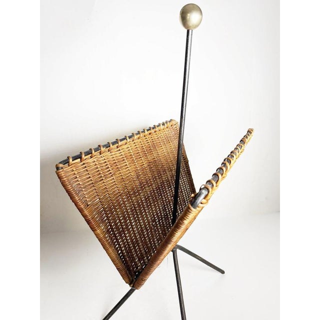 Rattan, Metal and Brass Magazine Rack, France, 1950s For Sale - Image 9 of 10
