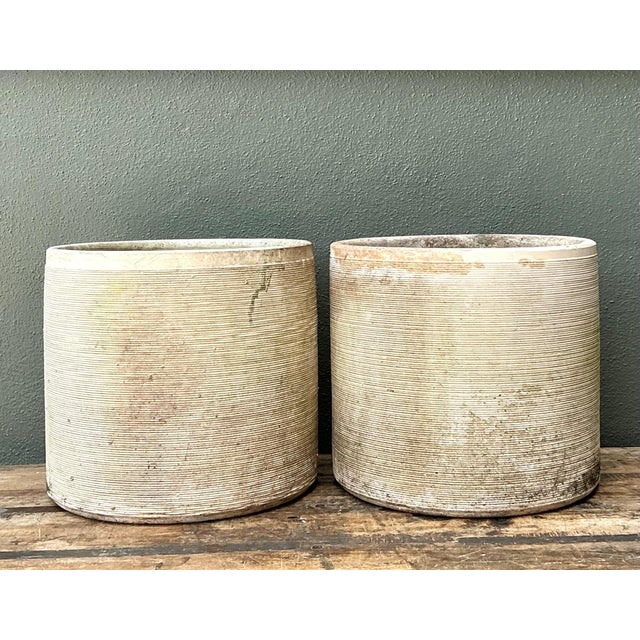 Mid-Century Modern Vintage Ribbed Cement Planters - Pair For Sale - Image 3 of 10