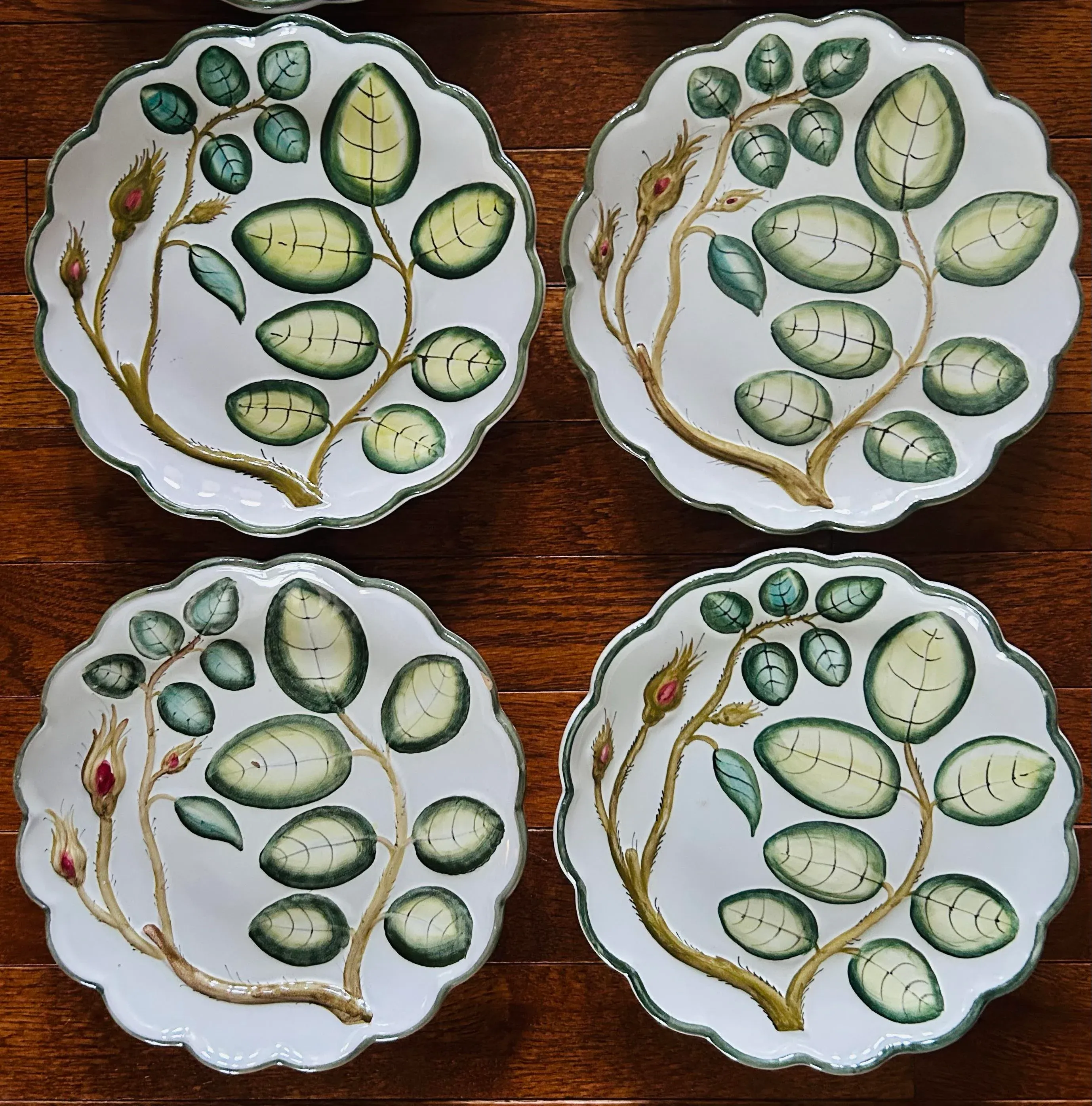 Vintage Set of 8 Scalloped Edge 8” Salad Plates Handpainted Olive