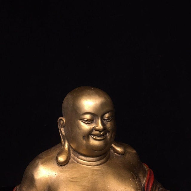 Brass Vintage Gilt & Painted Brass Laughing Buddha Maitreya Statue on Double Lotus Base For Sale - Image 8 of 9