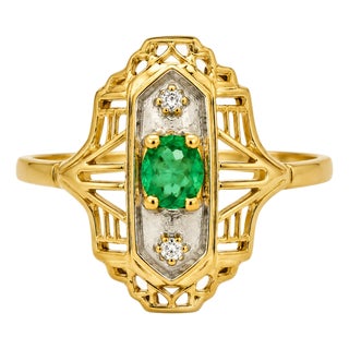 14K Yellow Gold Emerald Diamond Filigree Antique Ring Estate For Sale