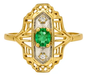 14K Yellow Gold Emerald Diamond Filigree Antique Ring Estate