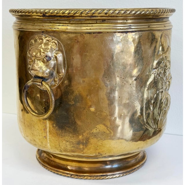 Antique Hammered Brass Planter Cachepot W/ Lion Head Handles For Sale - Image 4 of 9