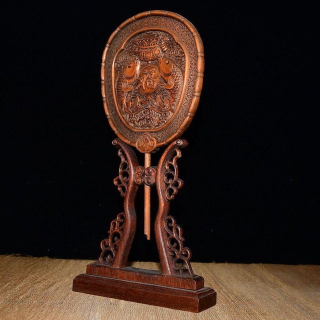 1990s Vintage Boxwood Table Screen With Double Fish and Treasure Motif For Sale - Image 5 of 7