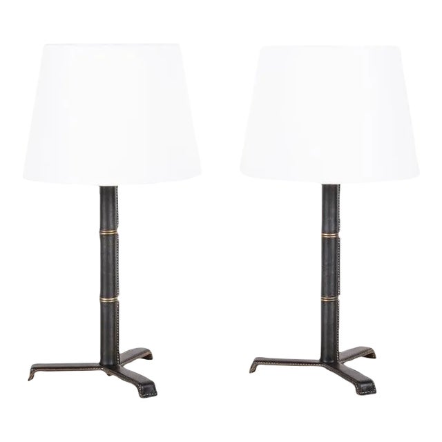 Pair of 'Sellier' Stitched Black Leather Lamps by Design Frères For Sale