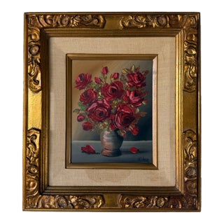 1970s Vintage Riher Red Roses Floral Still Life Oil Painting on Masonite – Framed For Sale