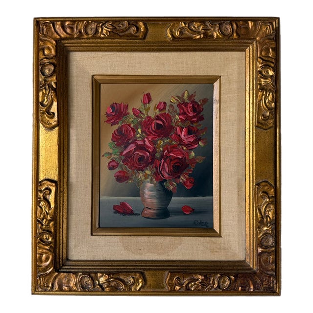 1970s Vintage Riher Red Roses Floral Still Life Oil Painting on Masonite – Framed For Sale
