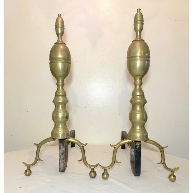 Large Pair of Antique 1700's Peened Brass Iron Federal Double Lemon Andirons For Sale - Image 4 of 14