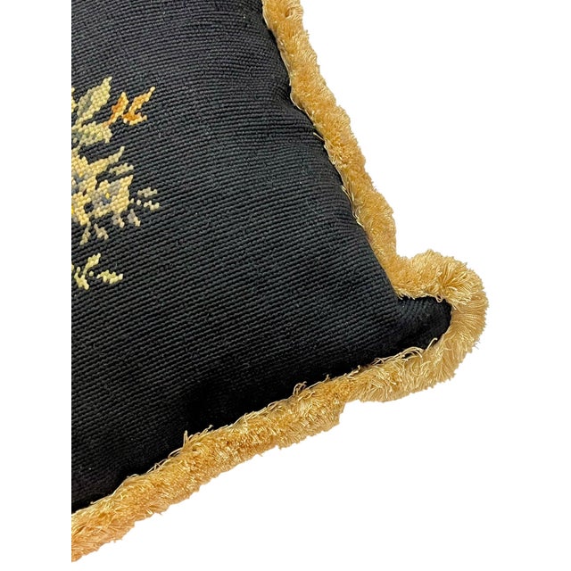 Textile Set of 4 Vintage Petit Point Floral Needlepoint Pillows With Gold Fringe Trim For Sale - Image 7 of 12