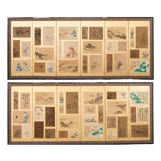 Pair Japanese Edo Six Panel Harimaze Decoupage Screens For Sale