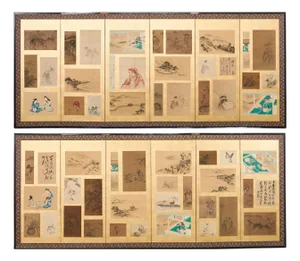 Pair Japanese Edo Six Panel Harimaze Decoupage Screens