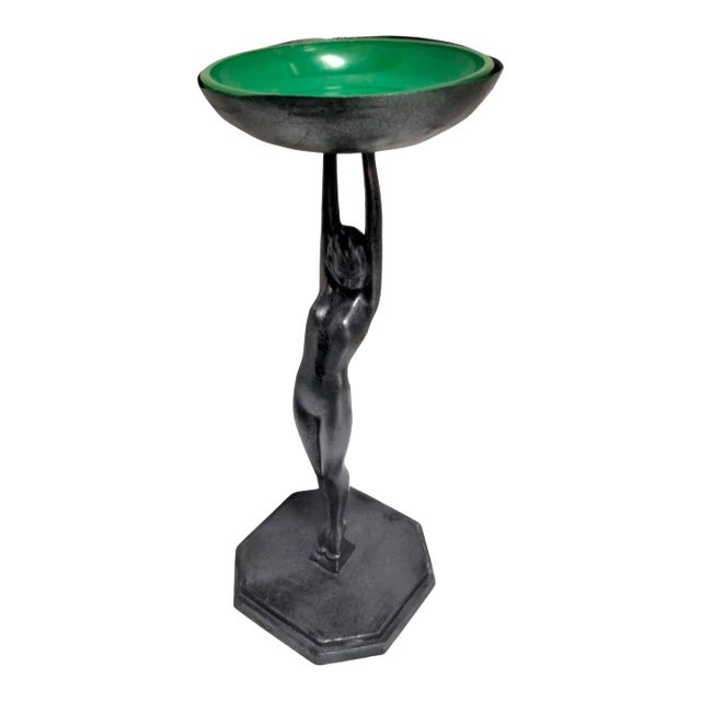 1920s Frankart #210 Nude Female Table Top Ashtray With Green Glass Bowl For Sale