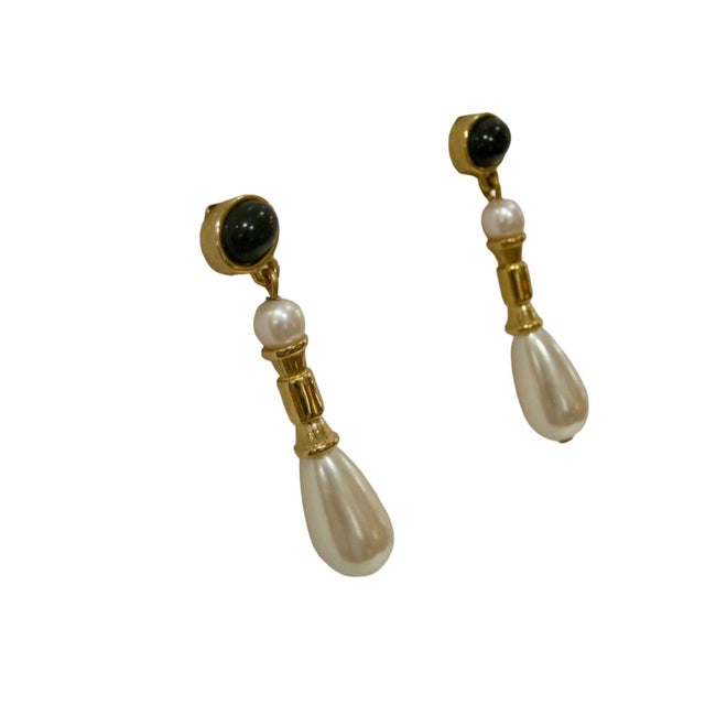 1980s gold plated black onyx glass pearl drop/dangle pierced post earrings Signed, "Richelieu" From my private collection,...