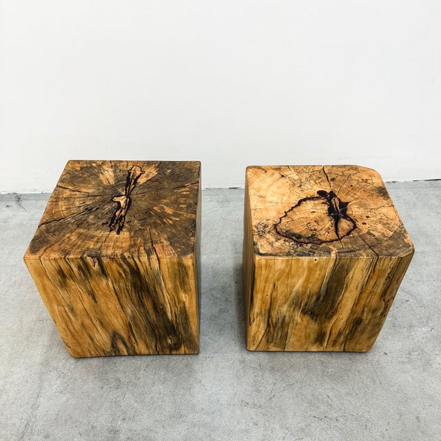 Vintage Sculptural Spalted Maple Wood Block Stools or Side Tables, Pair For Sale - Image 10 of 12