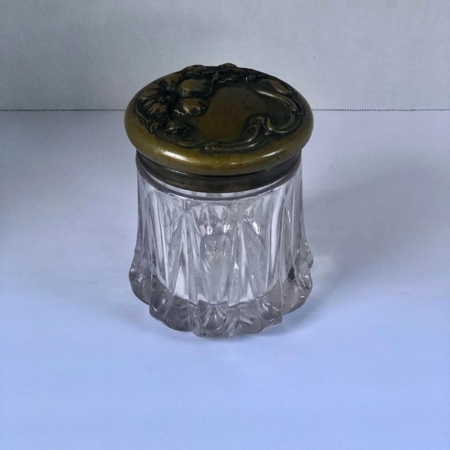 Art Nouveau Antique Art Nouveau Heavy Glass Ornate Floral Brass Lid Humidor Jar For Sale - Image 3 of 12