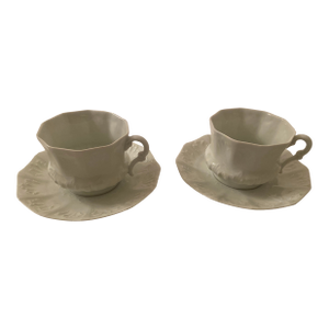 Giraud Limoges France Vintage Pair of Cups and Saucers Embossed Scalloped White Mint Condition.