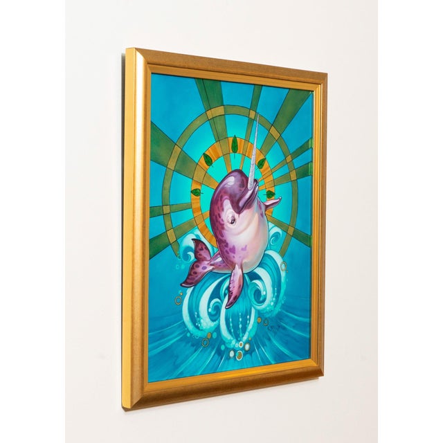 Contemporary Ace of Wands by Rhonda Libbey | Oil and 24 karat gold leaf on panel Narwhal swimming in waves For Sale - Image 3 of 3