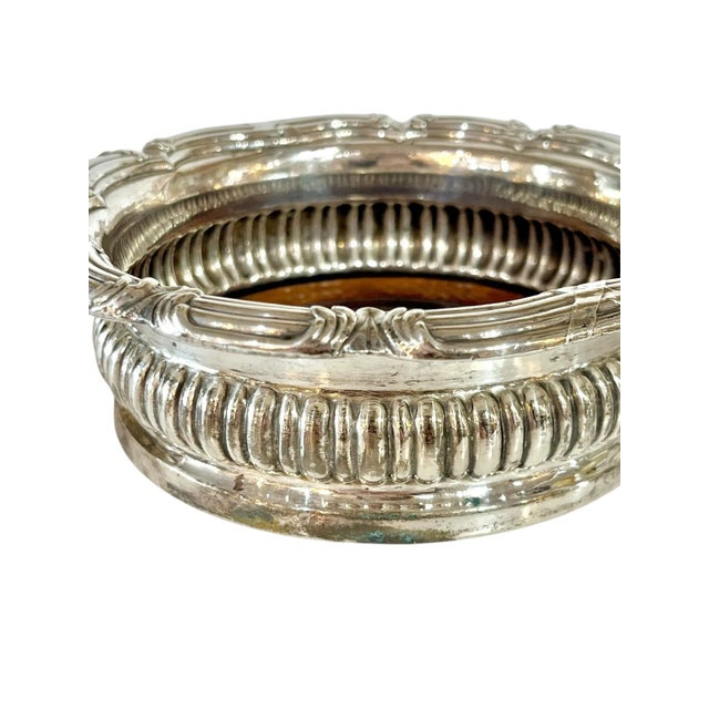 Art Deco Early 20th Century Pair Antique English Silver Plate and Wood Wine Bottle Coasters For Sale - Image 3 of 13