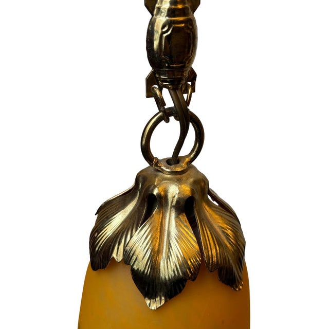 Art Deco French Cameo Glass and Gilt Brass Pendant Lights from Degué, 1930s, Set of 2 For Sale - Image 6 of 9