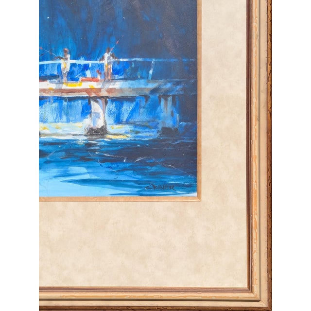 Paint Charles Criner "Starry Night" Watercolor Impressionist Galveston Pier Landscape Painting, 2009 For Sale - Image 7 of 11