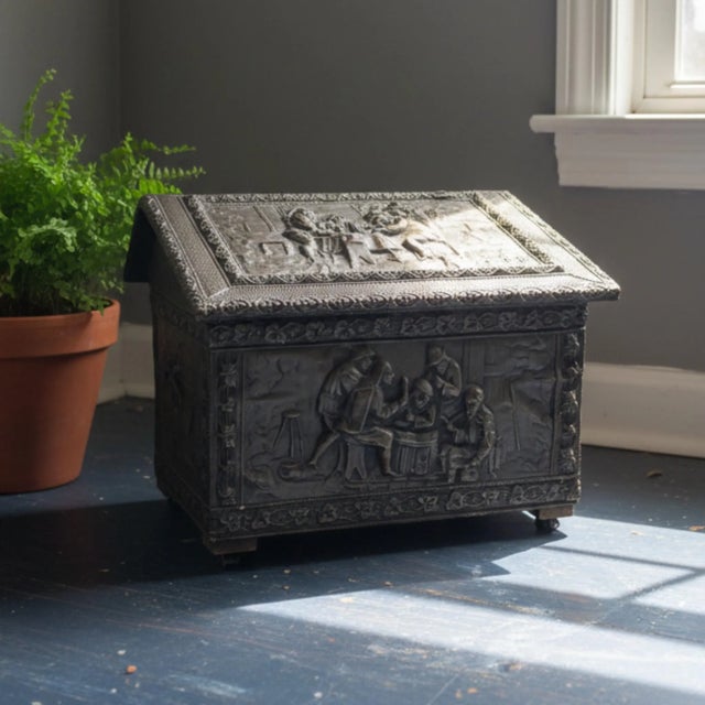 Cabin Firewood Box Repousse Antique Brass Wood Storage Container With Lid For Sale - Image 3 of 4