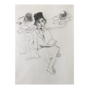 Paul JeffayJudaica Jewish Shtetl Etching Hasidic Yeshiva Student Chassidic Print, c.1950's