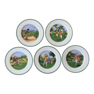 Set of 5 Vintage Philippe Deshoulieres Limoges Porcelain Appetizer Plates With Golf Scenes For Sale