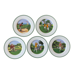 Set of 5 Vintage Philippe Deshoulieres Limoges Porcelain Appetizer Plates With Golf Scenes
