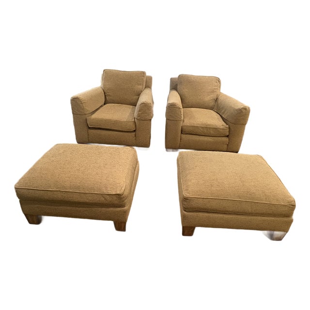 Set of Two Zoffany Tan Club Chairs With Ottomans For Sale