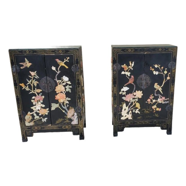 A Pair of Antique Chinese Black Lacquered Cabinets With Hardstone Inlay For Sale