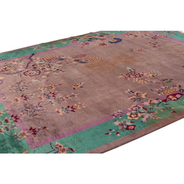 Art Deco Antique Chinese Art Deco Rug - Plum & Jade Green Floral Wool 9x12 For Sale - Image 3 of 12