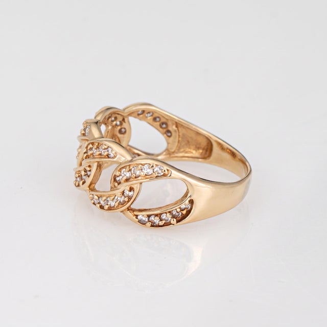 Vintage Diamond Curb Link Ring Sz 7 Yellow Gold Pavé Chain Link Statement Band For Sale - Image 4 of 7