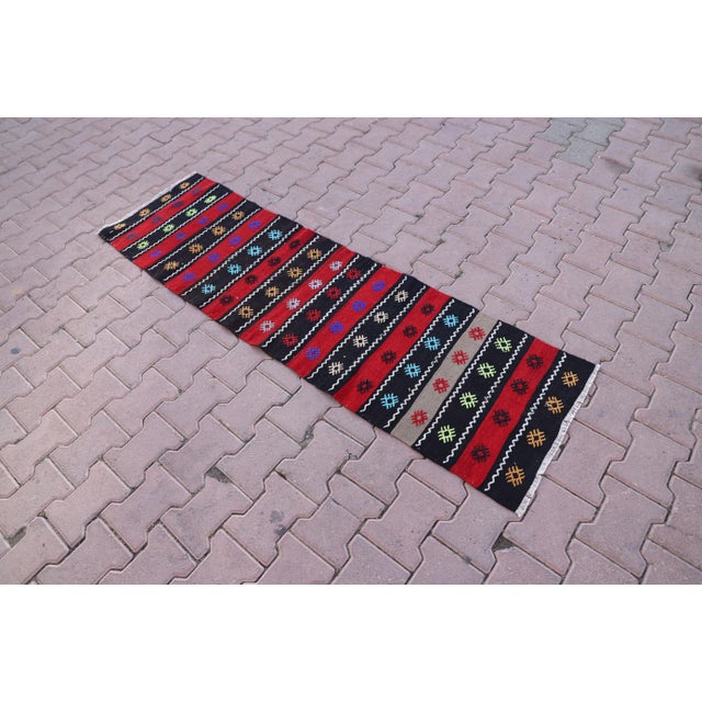 Cabin 1960s Cabin Style Stripe Design Hand Knotted Oushak Kilim Runner Rug For Sale - Image 3 of 10