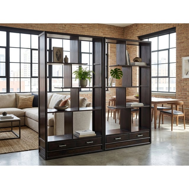 Pair Asian Inspired Asymmetrical Dark Brown Shelving Display Cabinet Divider For Sale - Image 4 of 14