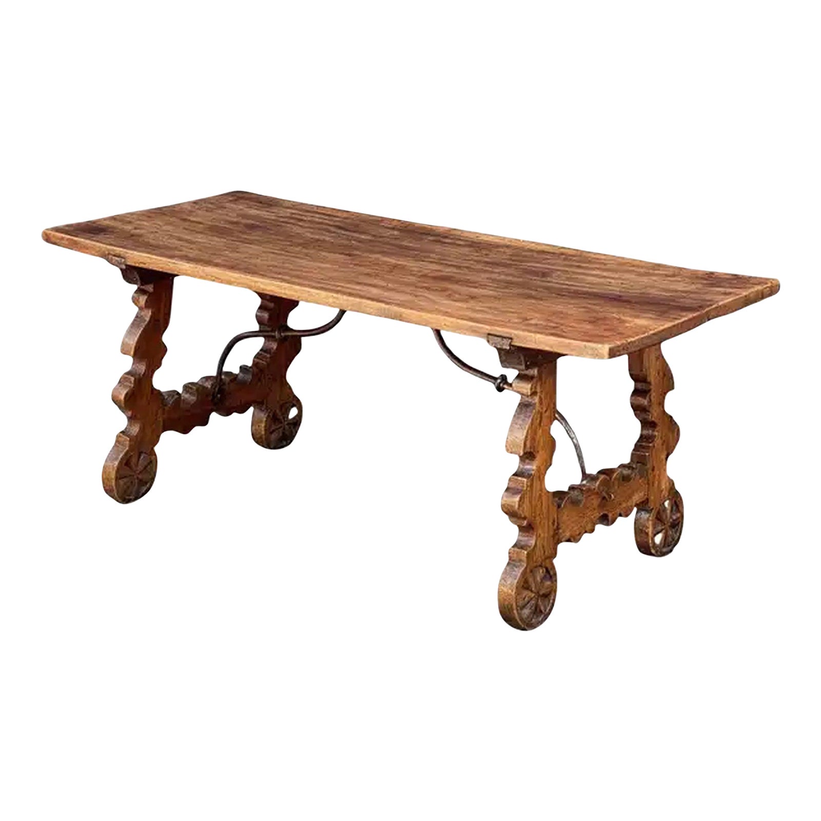 Spanish Low Coffee Table of Walnut With Wrought Iron Supports