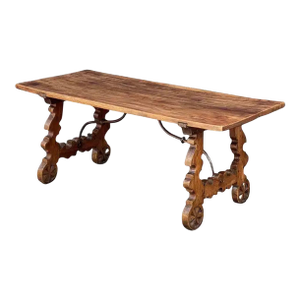 Spanish Low Coffee Table of Walnut With Wrought Iron Supports