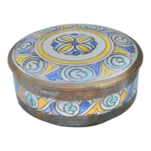 Mid 20th Century Colorful Moroccan Brass-Inlaid Ceramic Box