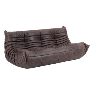 Original Ligne Roset Togo 3-Seater Sofa in Mocha Brown Leather - Restored Vintage For Sale
