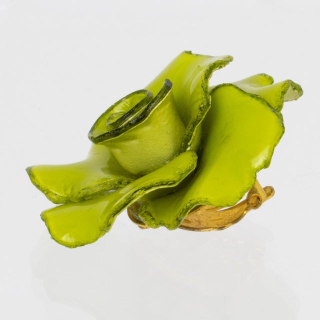 Contemporary Francoise Montague Green Roses Resin Clip Earrings For Sale - Image 3 of 5