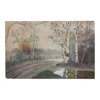 Antique Louis Kinney Harlow Autumn Birch Trees Landscape Watercolor Painting 20" For Sale
