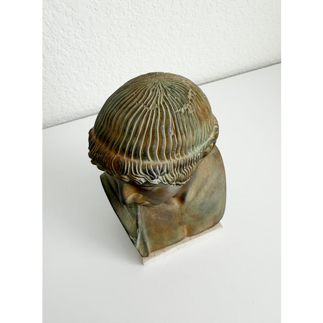 Neoclassical 1950s Verdigris Plaster Bust of Apollo on Stone Base For Sale - Image 3 of 12