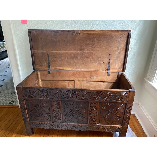 Stunningly beautiful, perfectly patina-ed, late 18th century/Jacobean chest. Likely walnut, the front has intricate...