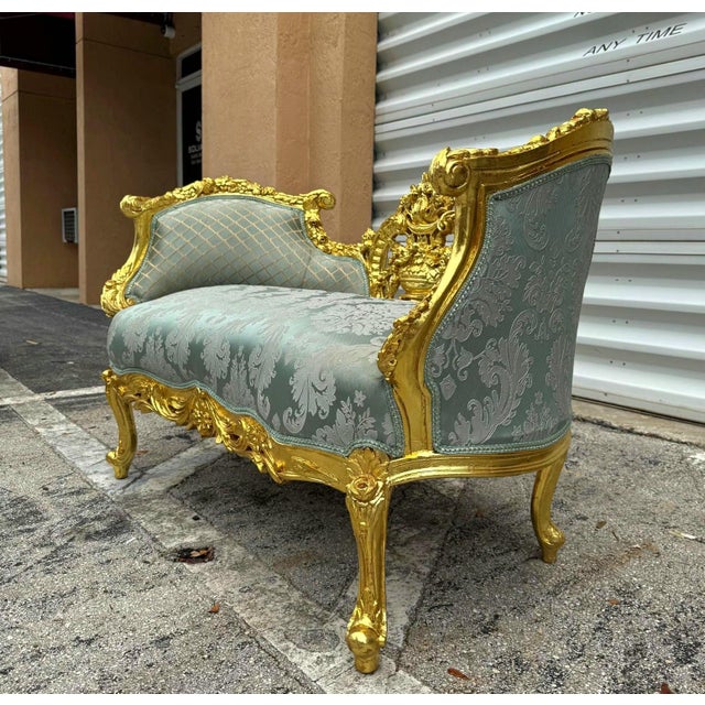 2020s French Style Blue Small Settee Gold Details For Sale - Image 5 of 8