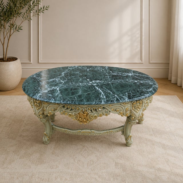 Elevate your living room with this exquisite French Rococo-style coffee table, featuring an intricately carved sky blue...