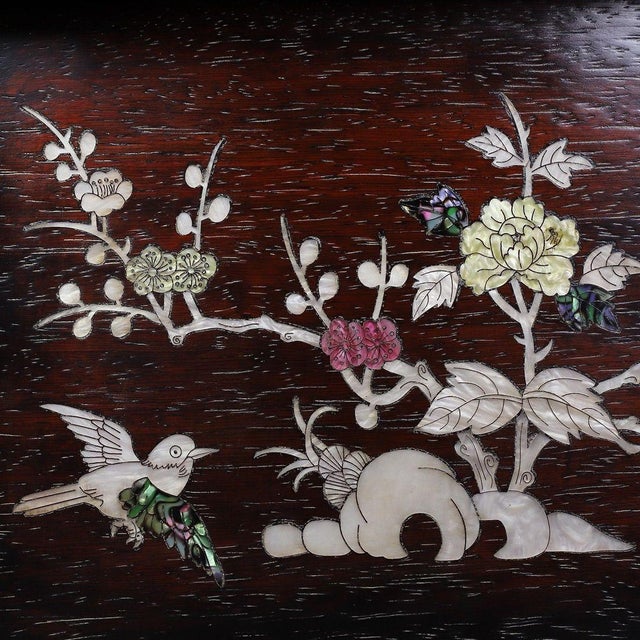 Late 20th Century Dark Wood Tea Tray With Mother-of-Pearl Bird and Floral Inlay For Sale - Image 10 of 10