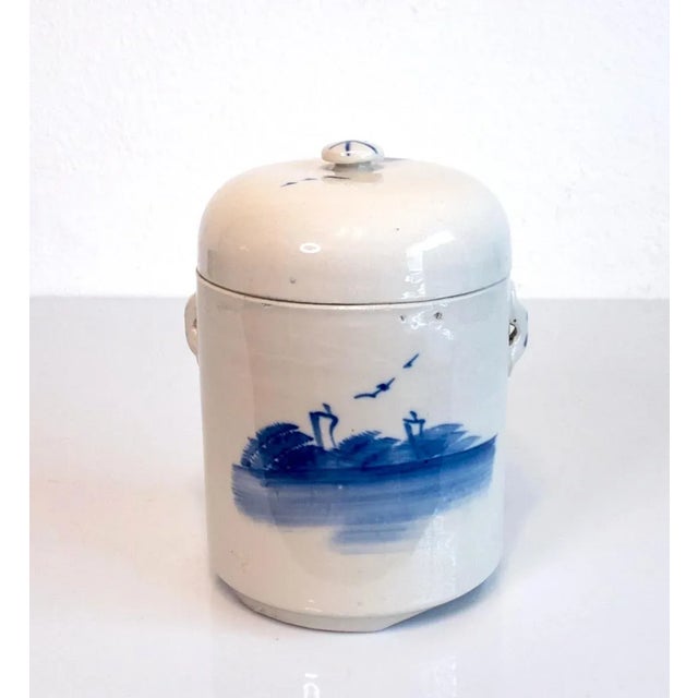 Chinoiserie Chinese Porcelain Blue & White Landscape Tea Caddy or Storage Jar, Vintage Mid Century For Sale - Image 3 of 7