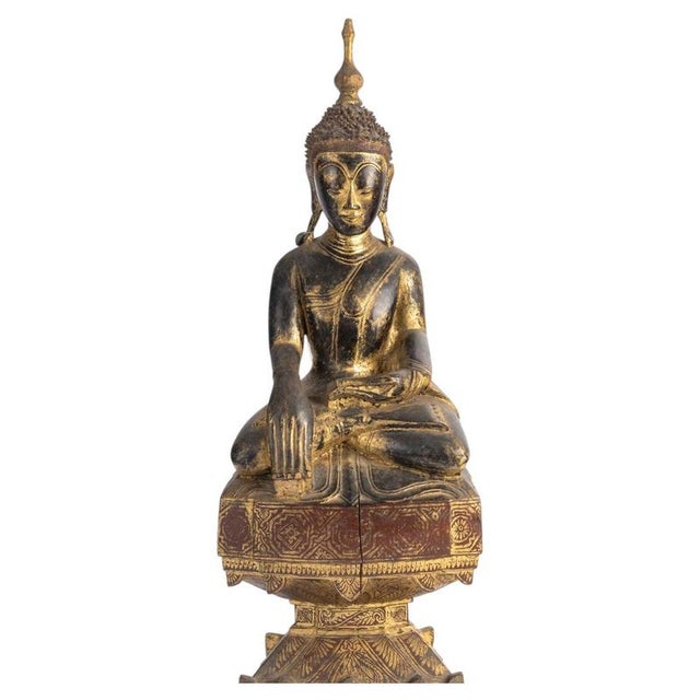 Antique Lacquered and Gilded Wooden Sculpture of Seated Buddha, 1800s For Sale - Image 11 of 11