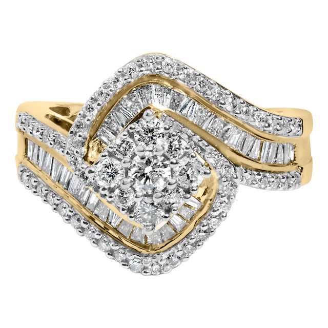 14K Yellow Gold 1.0 Cttw Baguette & Brilliant-Cut Diamond Round Floral Cluster Engagement Ring with Swirl Wrapped Triple Row Band - Size 7 For Sale